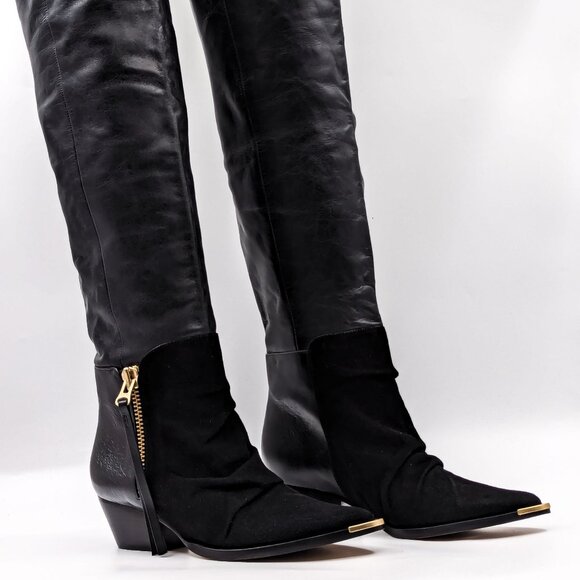 Schutz Women Tenia Western Cowboy Pinty Toe Black Leather OTK Boots size 5 - Picture 2 of 11